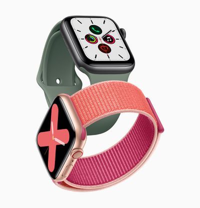 Apple Watch series 5 zlato aluminijasto ohišje pašček granatnega jabolka in vesoljsko sivo aluminijasto ohišje borovega zelenega traku 091019